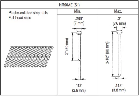 Recommended nail size for NR90AES1 Recommended nail size for NR90AES1