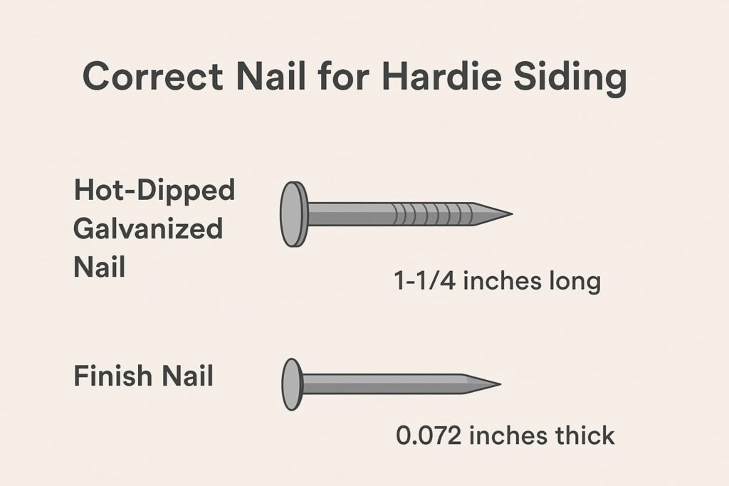 Visual diagram comparing the nail sizes between siding nails and finish nails
