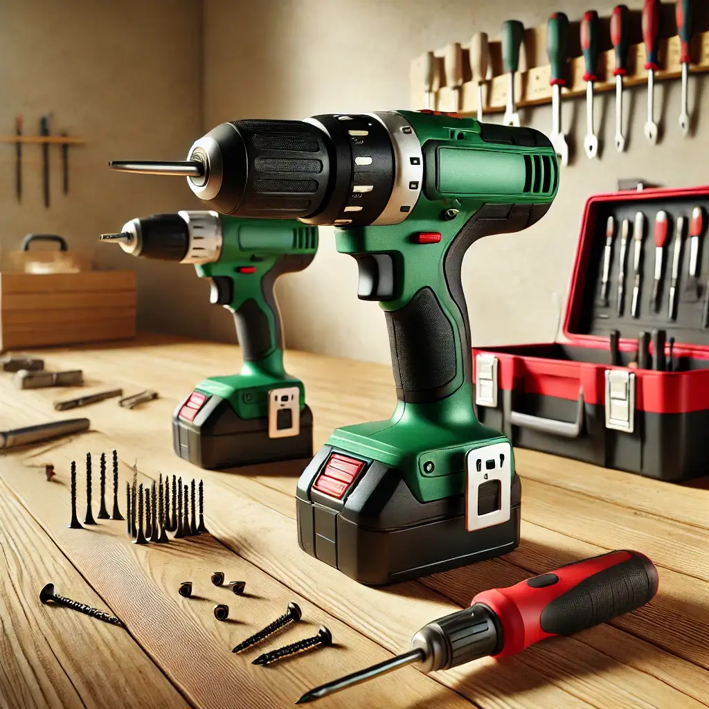 Image shows a drill machine and a drill driver machine on a wooden workbench