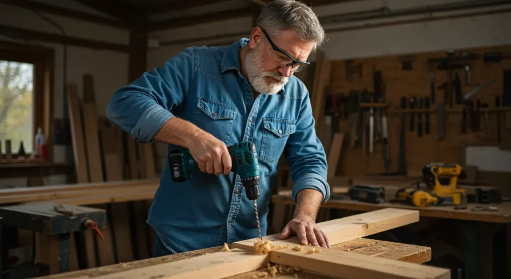 A carpenter trying to drill a wood plank with a cordless drill