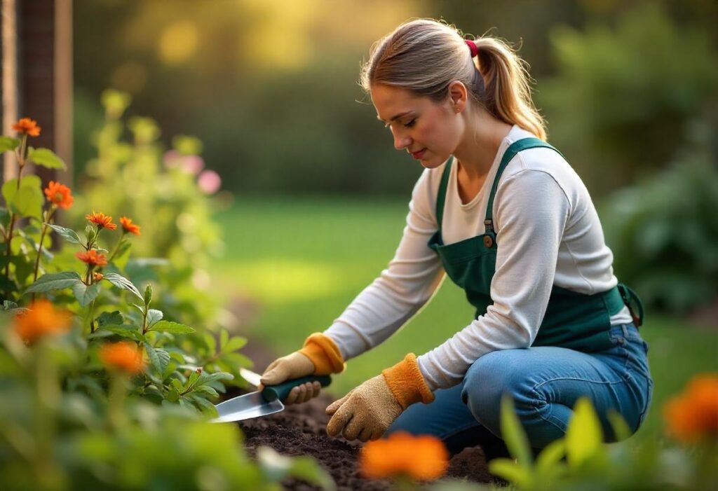 A woman working in her garden with trowel gardening tool