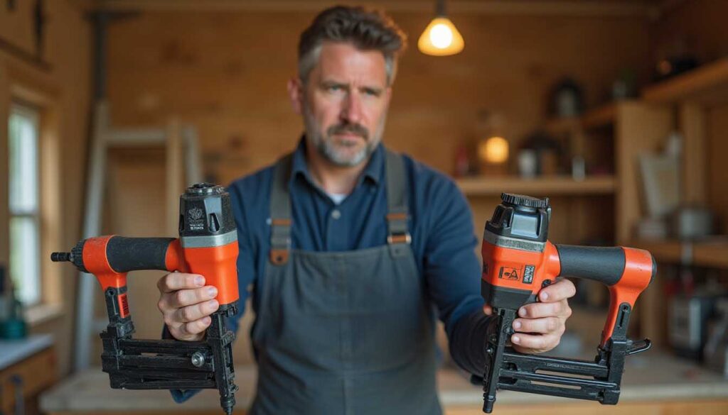 a carpenter holding 15 ga and 16 ga finish nailer