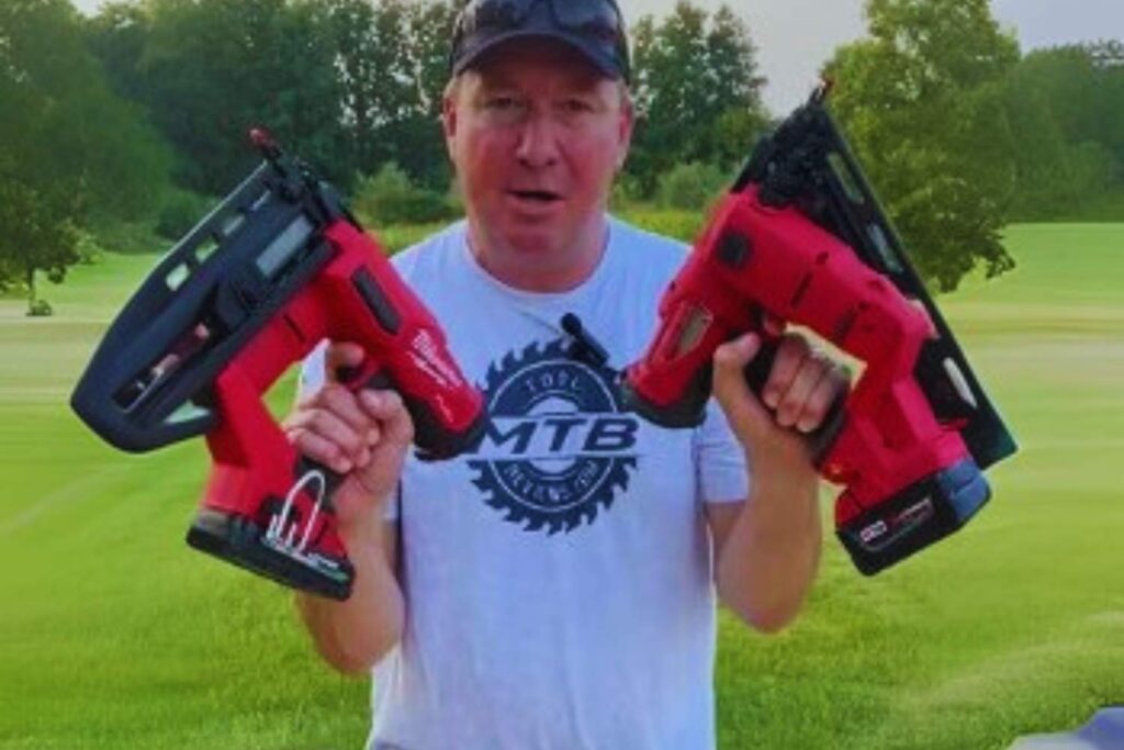 A man holding an Angled and a straight finish nailer