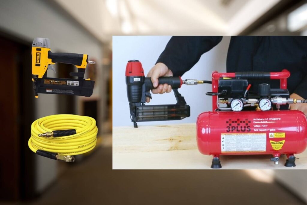 A pneumatic nailer with air compressor and hoses