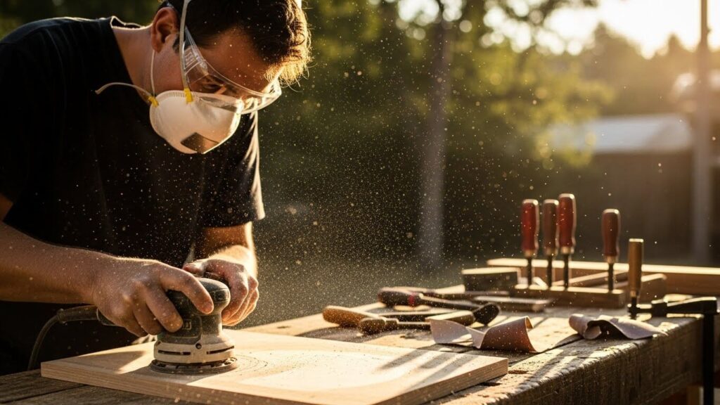 DIY woodworker sanding while wearing a dust mask outdoors