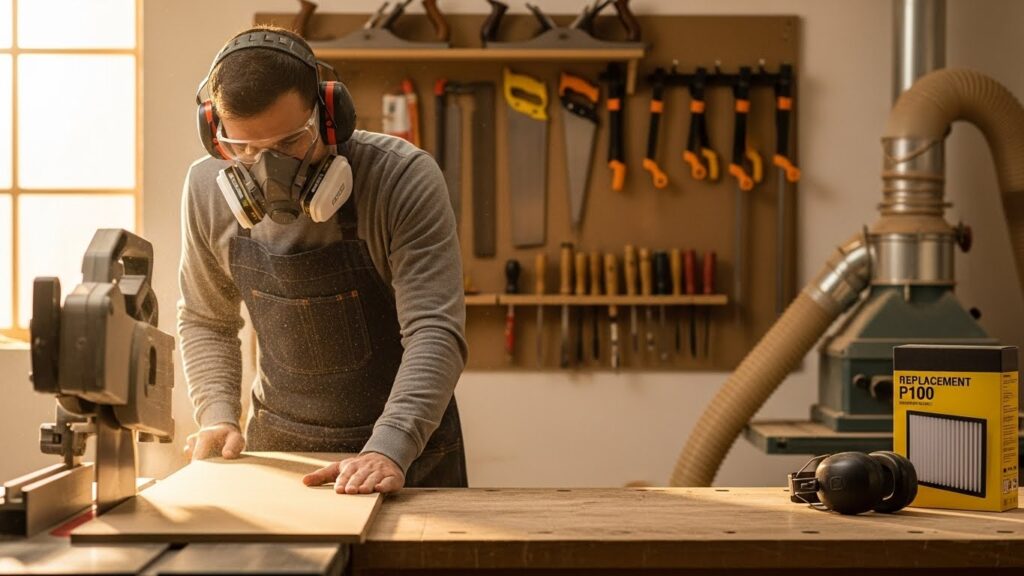 A professional woodworker cutting MDF while wearing a respirator