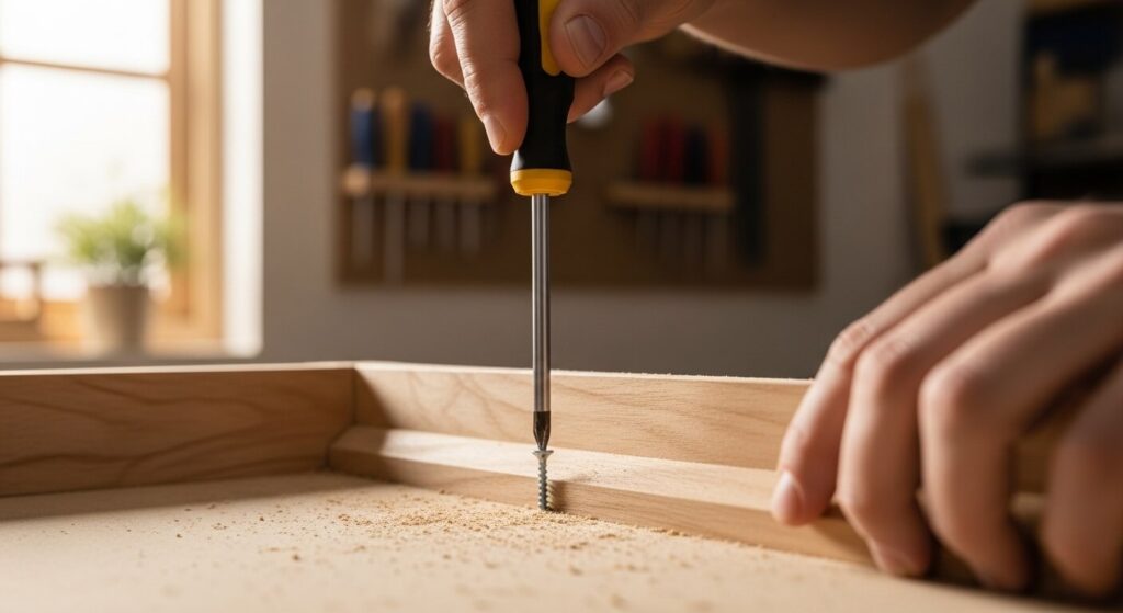 woodworker driving a screw with a screwdriver into a baseboard