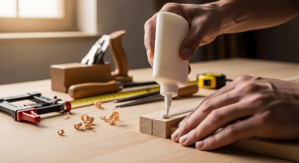 woodworker using wood glue to attache two wood pieces together