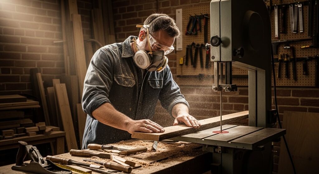 Woodworker wearing glasses respirator and earmuffs